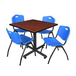 "Kobe 36" Square Breakroom Table in Cherry & 4 'M' Stack Chairs in Blue - Regency TKB3636CH47BE"
