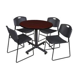 "Kobe 36" Round Breakroom Table in Mahogany & 4 Zeng Stack Chairs in Black - Regency TKB36RNDMH44BK"