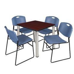 "Kee 30" Square Breakroom Table in Mahogany/ Chrome & 4 Zeng Stack Chairs in Blue - Regency TB3030MHBPCM44BE"