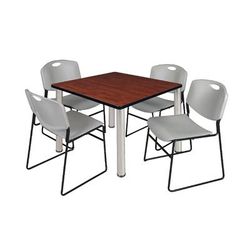 "Kee 36" Square Breakroom Table in Cherry/ Chrome & 4 Zeng Stack Chairs in Grey - Regency TB3636CHBPCM44GY"