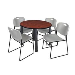 "Kee 36" Round Breakroom Table in Cherry/ Black & 4 Zeng Stack Chairs in Grey - Regency TB36RNDCHBPBK44GY"