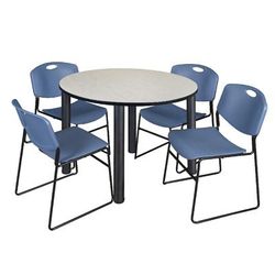 "Kee 48" Round Breakroom Table in Maple/ Black & 4 Zeng Stack Chairs in Blue - Regency TB48RNDPLBPBK44BE"
