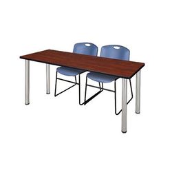 "66" x 24" Kee Training Table in Cherry/ Chrome & 2 Zeng Stack Chairs in Blue - Regency MT6624CHBPCM44BE"