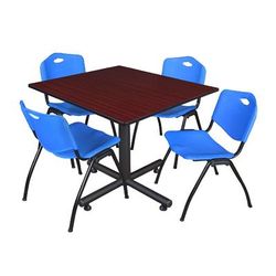 "Kobe 48" Square Breakroom Table in Mahogany & 4 'M' Stack Chairs in Blue - Regency TKB4848MH47BE"