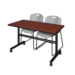 "48" x 30" Flip Top Mobile Training Table in Cherry & 2 Zeng Stack Chairs in Grey - Regency MKFT4830CH44GY"