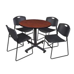 "Kobe 36" Round Breakroom Table in Cherry & 4 Zeng Stack Chairs in Black - Regency TKB36RNDCH44BK"