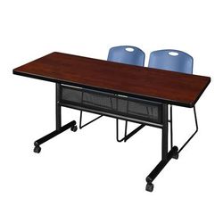 "72" x 30" Flip Top Mobile Training Table w/ Modesty Panel in Cherry & 2 Zeng Stack Chairs in Blue - Regency MKFTM7230CH44BE"