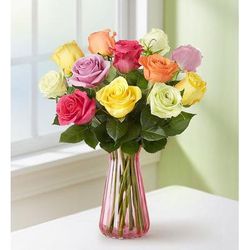 1-800-Flowers Flower Delivery One Dozen Assorted Roses For Mother's Day W/ Pink Vase