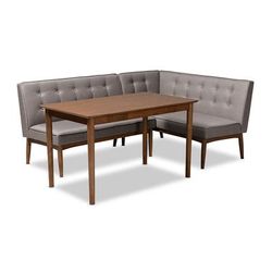 Baxton Studio Arvid Mid-Century Modern Gray Fabric 3-PC Wood Dining Nook Set- BBT8051-Grey/Walnut-3PC Dining Nook Set