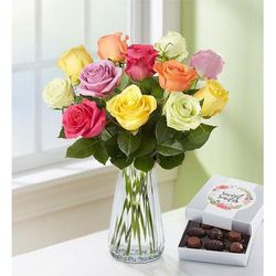 1-800-Flowers Flower Delivery One Dozen Assorted Roses W/ Clear Vase & Chocolate | Happiness Delivered To Their Door