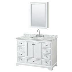 48 inch Single Bathroom Vanity in White, White Carrara Marble Countertop, Undermount Square Sink, and Medicine Cabinet - Wyndham WCS202048SWHCMUNSMED