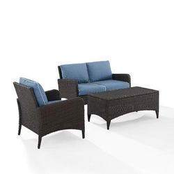 Kiawah 3Pc Outdoor Wicker Conversation Set Blue/Brown - Loveseat, Arm Chair & Coffee Table - Crosley KO70031BR-BL