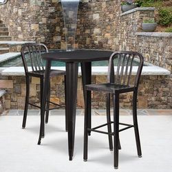 30'' Round Black-Antique Gold Metal Indoor-Outdoor Bar Table Set with 2 Vertical Slat Back Stools - Flash Furniture CH-51090BH-2-30VRT-BQ-GG