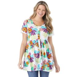 Plus Size Women's Short-Sleeve Empire Waist Tunic by Woman Within in White Hibiscus Tropicana (Size 38/40)