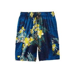 Men's Big & Tall 8" Flex Cargo Swim Trunks by KS Island in Yellow Hibiscus (Size 3XL)