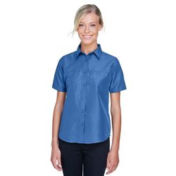 Harriton M580W Women's Key West Short-Sleeve Performance Staff Shirt in Pool Blue size Small | Polyester