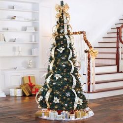 Fully Decorated Pre-Lit 7 Pop-Up Christmas Tree by BrylaneHome in Silver Gold