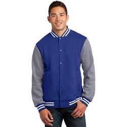 Sport-Tek ST270 Fleece Letterman Jacket in True Royal/Vintage Heather size Small | Cotton/Polyester Blend