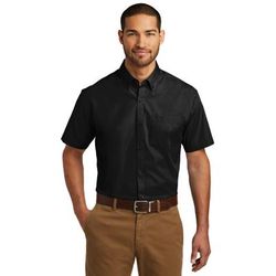 Port Authority W101 Short Sleeve Carefree Poplin Shirt in Deep Black size 4XL | Polyester Blend