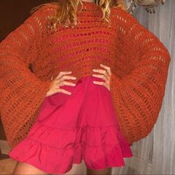 Free People Sweaters | Free People Exaggerated Bell Bottom Crochet Top | Color: Orange/Red | Size: S