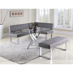 Modern Dining Set w/ Glass Top Table, Upholstered Nook & Bench - Chintaly GENEVIEVE-3PC