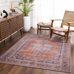 Taber 5'3" x 7'3" Updated Traditional Farmhouse Blue/Burnt Orange/Pale Blue/Tan Washable Area Rug - Hauteloom