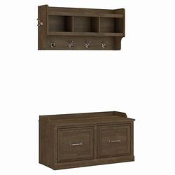 "kathy ireland® Home by Bush Furniture Woodland 40W Shoe Storage Bench with Doors and Wall Mounted Coat Rack in Ash Brown - Bush Furniture WDL003ABR "