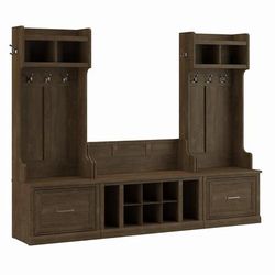 "kathy ireland® Home by Bush Furniture Woodland Entryway Storage Set with Hall Trees and Shoe Bench with Drawers in Ash Brown - Bush Furniture WDL012ABR "