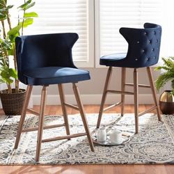 Baxton Studio Sagira Modern Transitional Navy Blue Velvet Fabric & Walnut Brown Finished Wood 2-PC Counter Stool Set - Wholesale Interiors RDC817-AC-Navy Blue Velvet/Walnut-CS-2PC Set