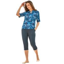 Plus Size Women's Three-Quarter Sleeve Swim Tee by Swim 365 in Blue Medallion (Size 26/28) Rash Guard