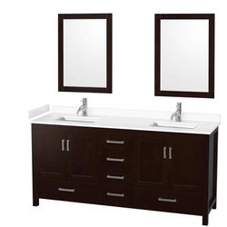 Sheffield 72 Inch Double Bathroom Vanity in Espresso, White Cultured Marble Countertop, Undermount Square Sinks, 24 Inch Mirrors - Wyndham WCS141472DESWCUNSM24