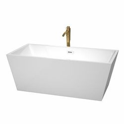 Sara 63 Inch Freestanding Bathtub in White with Shiny White Trim and Floor Mounted Faucet in Brushed Gold - Wyndham WCBTK151463SWATPGD
