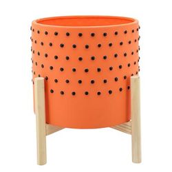 " 10" Dotted Planter With Wood Stand, Orange - Sagebrook Home 15902-01"