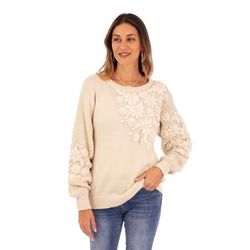 Elegant Blossoms,'Hand Embroidered Ivory Baby Alpaca Pullover Sweater'