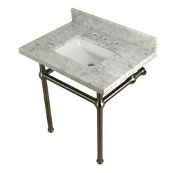 "Kingston Brass KVPB3030MBSQ8 Templeton 30" x 22" Carrara Marble Vanity Top with Brass Console Legs, Carrara Marble/Brushed Nickel - Kingston Brass KVPB3030MBSQ8"