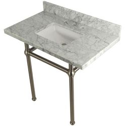 "Kingston Brass KVPB36MBSQ8 Templeton 36" x 22" Carrara Marble Vanity Top with Brass Console Legs, Carrara Marble/Brushed Nickel - Kingston Brass KVPB36MBSQ8"