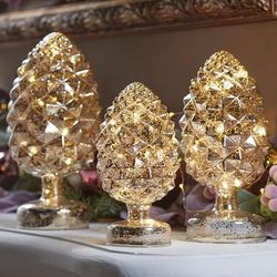 Pre-Lit Mercury Glass Pinecones, Set of 3 by BrylaneHome in Silver Christmas Decoration