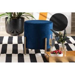 Baxton Studio Thurman Contemporary Glam and Luxe Navy Blue Velvet Fabric Upholstered and Gold Finished Metal Ottoman - Wholesale Interiors FZD190717-Navy Blue Velvet-Ottoman