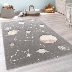 Space Rug for Kids Colorful Galaxy with Planets and Stars in Grey