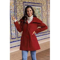 Red Classic,'Red Baby Alpaca and Wool Coat with Flared Design from Peru'