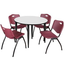 Regency Kahlo 48 in. Round Breakroom Table- White, Black Base & 4 M Stack Chairs- Burgundy - Regency TPL48RNDWHBK47BY