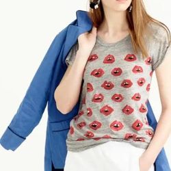 J. Crew Tops | J. Crew Donald Robertson Kiss Kiss Lip Tee Xs | Color: Gray/Red | Size: Xs