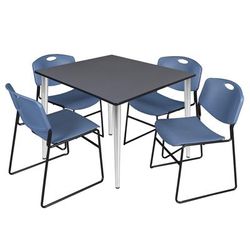 Regency Kahlo 48 in. Square Breakroom Table- Grey Top, Chrome Base & 4 Zeng Stack Chairs- Blue - Regency TPL4848GYCM44BE