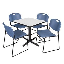 Regency Cain 30 in. Square Breakroom Table- White & 4 Zeng Stack Chairs- Blue - Regency TB3030WH44BE