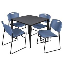 Regency Kahlo 36 in. Square Breakroom Table- Grey Top, Black Base & 4 Zeng Stack Chairs- Blue - Regency TPL3636GYBK44BE