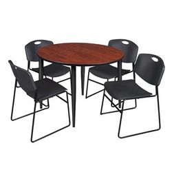 Regency Kahlo 48 in. Round Breakroom Table- Cherry Top, Black Base & 4 Zeng Stack Chairs- Black - Regency TPL48RNDCHBK44BK