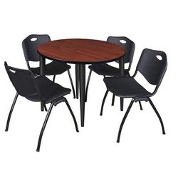 Regency Kahlo 42 in. Round Breakroom Table- Cherry Top, Black Base & 4 M Stack Chairs- Black - Regency TPL42RNDCHBK47BK