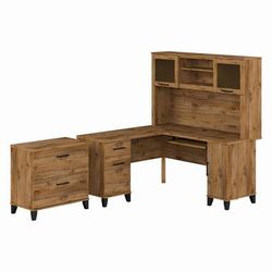 Bush Furniture Somerset 60W L Shaped Desk with Hutch and Lateral File Cabinet in Fresh Walnut - Bush Furniture SET008FW