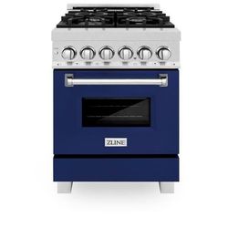 "ZLINE 24" 2.8 cu. ft. Dual Fuel Range with Gas Stove and Electric Oven in DuraSnow Stainless Steel and Blue Gloss Door - ZLINE Kitchen and Bath RAS-BG-24"