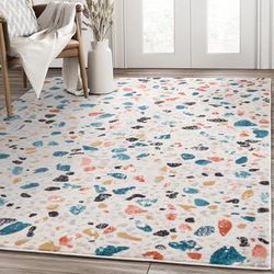 Terazzo Collection Mid Century Style Terracotta Teal Indoor Area Rug